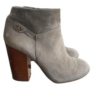 Tory Burch Fulton Booties Ankle Boot Suede Leather Stacked Block Heel Tan Sz 6.5